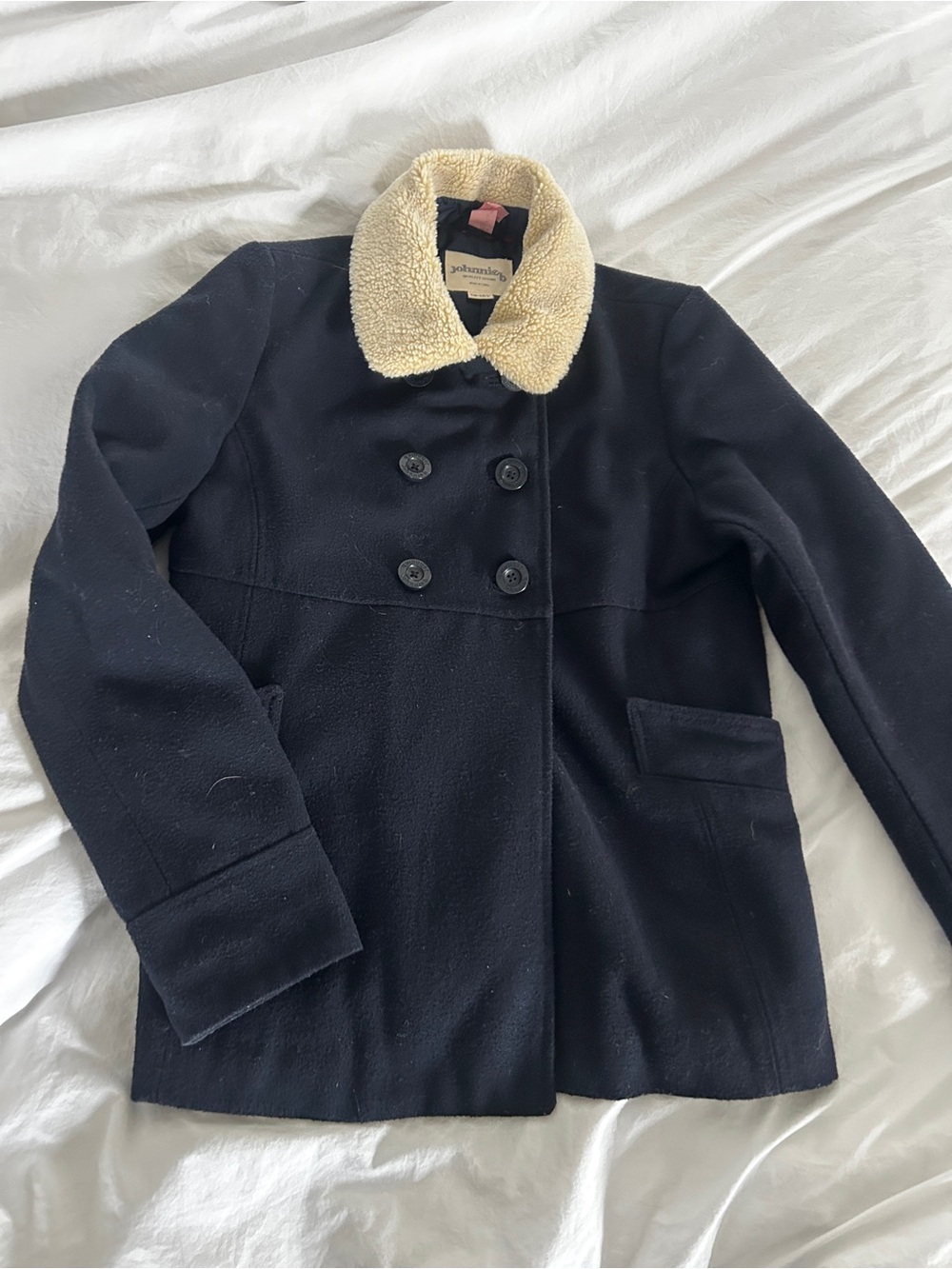 Mini Boden Girls Navy Wool Peacoat with Cream Sherpa Collar